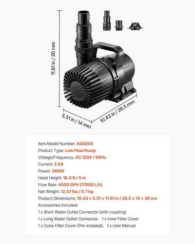 Miniatura 7 de VEVOR Bomba de agua sumergible, 280 W 4500 GPH, bomba de retorno para acuario con altura de elevación de 16.4 pies y dirección de flujo ajustable