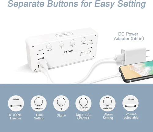 Miniatura 7 de Welgo Reloj despertador de número grande de 7.5 pulgadas para personas mayores y niños, 0-100% brillo y volumen ajustables, puerto de carga USB