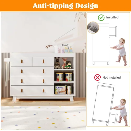 Miniatura 6 de Cómoda para bebé con cambiador, cambiador de bebé con 5 cajones y estantes ajustables, estación multifuncional para cambiar pañales, organizador