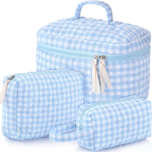 Miniatura 9 de Paterr Juego de 3 bolsas de maquillaje acolchadas grandes de algodón para mujer, bolsa organizadora de artículos de tocador de viaje para Azul