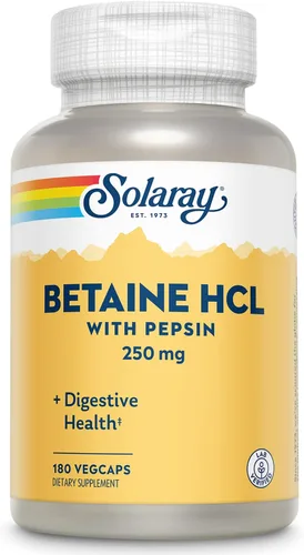 SOLARAY Betaína HCl con Pepsina 250 mg Suplemento para hombres y mujeres - Apoyo digestivo, cápsulas de clorhidrato de betaína, fórmula de apoyo