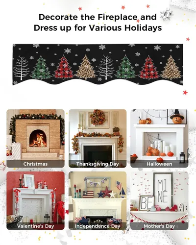 Miniatura 6 de Bufanda de manto de 90 x 17 pulgadas, diseño de rejilla de búfalo negro de Navidad, árbol de Navidad, chimenea, mantel, cubierta de mantel