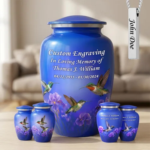 Miniatura 9 de Juego de 6 urnas funerarias decorativas de colibrí para cenizas de adultos hombres y mujeres, incluye 1 urna grande con 4 urnas conmemorativas
