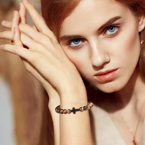 Miniatura 5 de sailimue 8 pulseras de cuentas cruzadas para mujeres y hombres, 0.315in, ojo de tigre, piedra de lava, piedra de roca de lava, elástica, juego