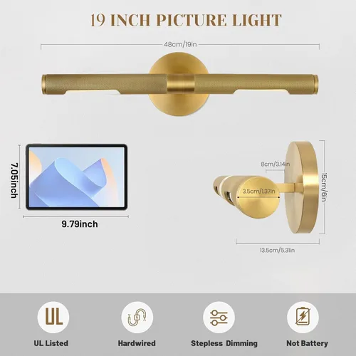Miniatura 5 de Luz de cuadro roscada con cableado fijo, luz de cuadro de latón de 19 pulgadas para pared, luces de arte doradas regulables, aplique giratorio