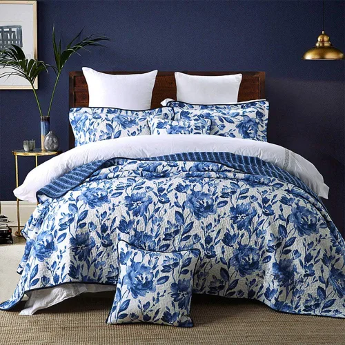Juego de colcha de algodón de porcelana azul y blanco tamaño Queen de 3 piezas, juego de ropa de cama floral estilo chino