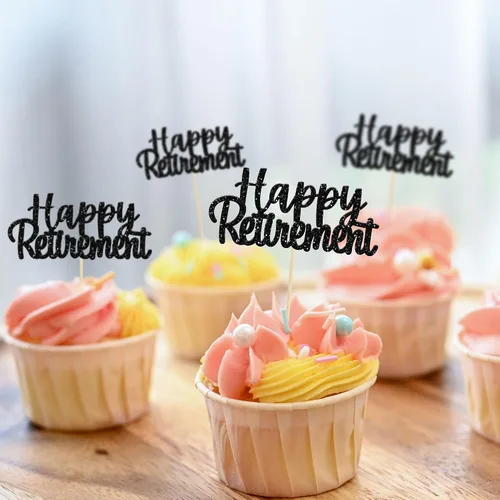 Miniatura 6 de Gyufise Decoración negra para cupcakes con purpurina para jubilados, decoración de pasteles para fiestas de jubilación, paquete de 36
