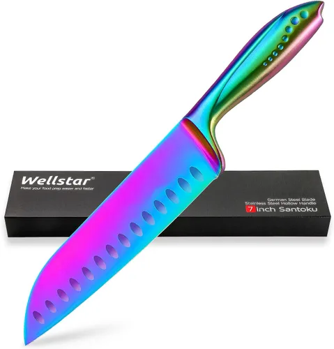 Miniatura 10 de WELLSTAR Santoku Cuchillo de cocina de 7 pulgadas, afilado estilo japonés con hoja de acero inoxidable de alto carbono, negro