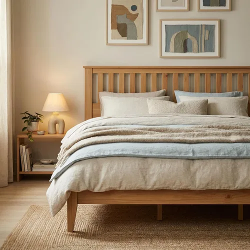 Miniatura 9 de ComfIQ Cama de plataforma de madera maciza con listones de madera, marco duradero, no requiere somier, amplio almacenamiento debajo de la cama, Pino