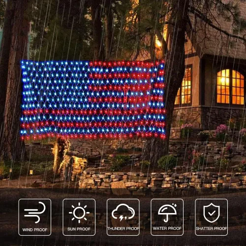 Miniatura 2 de Luces solares de bandera estadounidense, 420 luces LED impermeables de red de bandera estadounidense, decoraciones del día de la independencia, 8