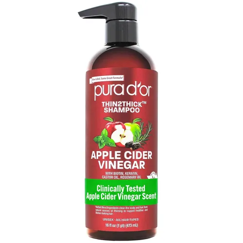PURA D'OR Champú Thin2Thick de vinagre de sidra de manzana, biotina, aceite de ricino para reducir el encrespamiento, puntas abiertas, aclarar y