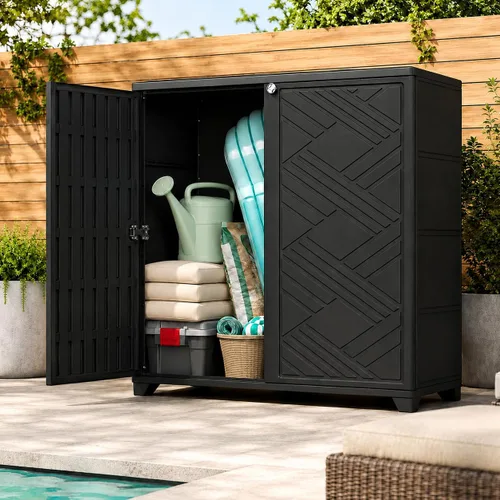 ADDOK Gabinete de almacenamiento para exteriores, 60 galones de resina impermeable para patio, con puertas dobles, organizador resistente a la