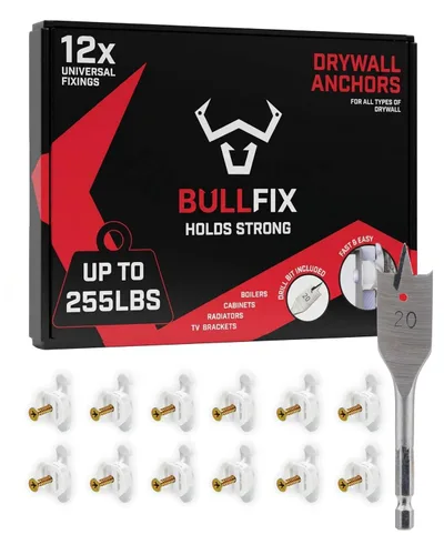 Miniatura 10 de Bullfix Anclajes Universales para Paneles de Yeso, Sostiene hasta 255lbs, Fijaciones para Pared Hueca de Alta Resistencia, Kit con Tornillos y Broca
