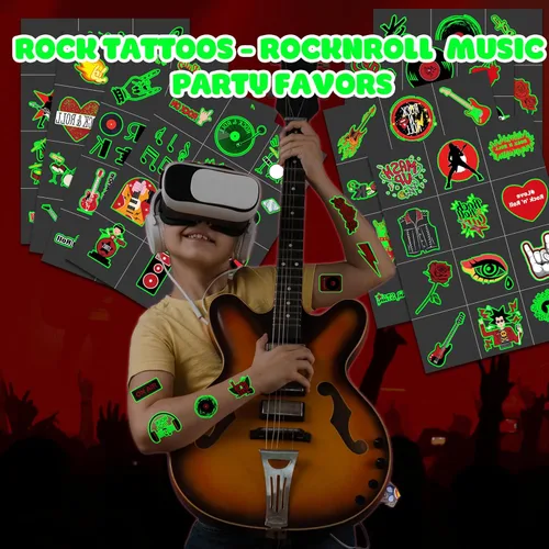 Miniatura 2 de 8 hojas (96 unidades) de tatuajes de rock n roll temporales con temática de rock para decoración de fiesta de cumpleaños, suministros de fiesta