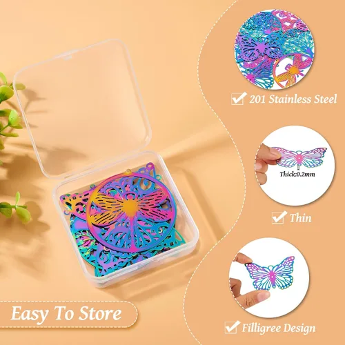 Miniatura 81 de FASHEWELRY 16 dijes de plumas de arco iris de acero inoxidable con alas de filigrana, adornos de metal de 4 colores para hacer joyas, pulseras