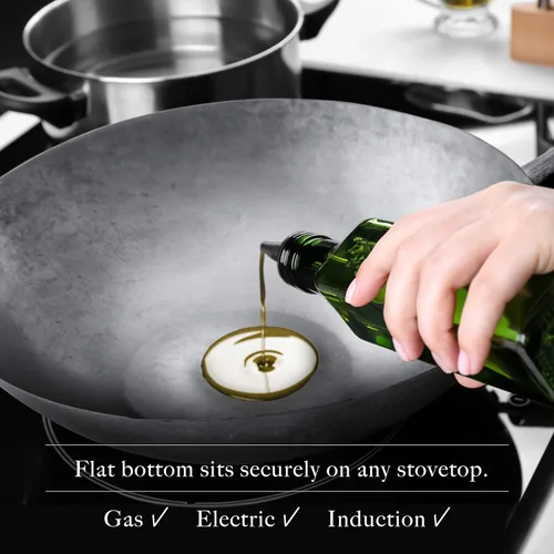 Miniatura 4 de Sartén wok de acero al carbono de fondo plano, auténticos woks martillados a mano y sartenes para freír - Wok Pow Wok de 14 pulgadas