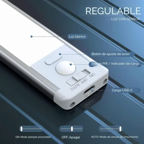 Miniatura 3 de MCGOR Iluminación bajo gabinete de 10 pulgadas, paquete de 2 luces recargables con sensor de movimiento para interiores, 5 niveles regulables, luces