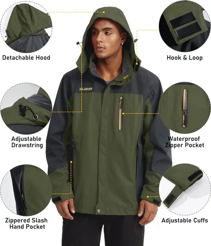 Miniatura 6 de MAGCOMSEN Chaqueta impermeable con capucha para hombre, resistente al viento, cortavientos, 5 bolsillos para senderismo, pesca, correr