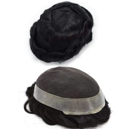 Miniatura 45 de LYRICAL HAIR Sistema de cabello humano Remy de encaje francés súper fino para hombre, piel de poliéster transparente alrededor de las pelucas, tupé