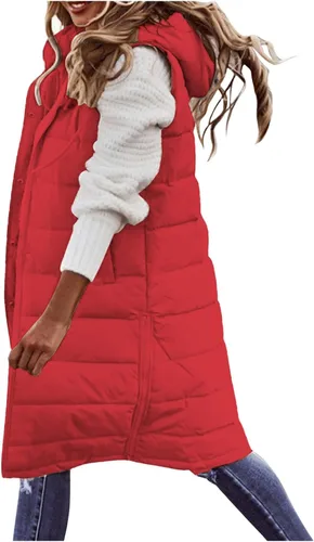 Miniatura 11 de Chaleco largo para mujer, sin mangas, acolchado, con cremallera, capucha, abrigo de invierno cálido, ligero, con bolsillos