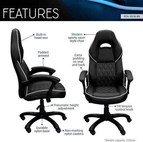 Miniatura 4 de Techni Mobili Silla ejecutiva de piel sintética con reposabrazos acolchados, silla de oficina de estilo de carreras ajustable en altura con control