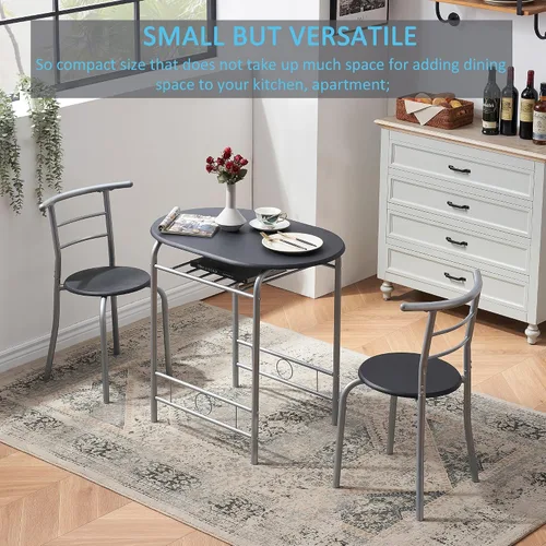 Miniatura 5 de VECELO Juego de mesa redonda y silla de madera de 3 piezas para comedor, cocina, bar, desayuno, con estante de almacenamiento de vino, ahorro