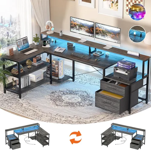 Miniatura 10 de Aheaplus Escritorio en forma de L con cajón de archivos, escritorio reversible en forma de L para computadora de 72.8" con toma de corriente