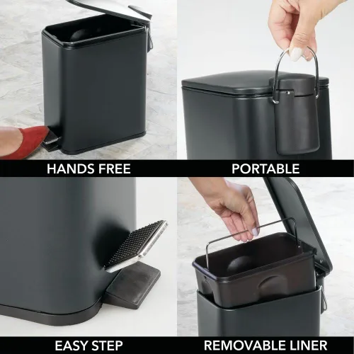 Miniatura 3 de mDesign Bote de basura rectangular de metal delgado de 1.3 galones/5 litros con pedal de paso, tapa de cierre fácil, forro removible - Papelera