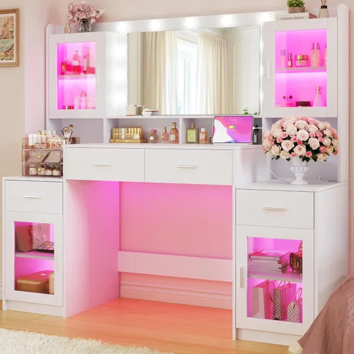 HUAHUU Escritorio grande con espejo y luces, tocador de maquillaje de 54.3 pulgadas con 4 gabinetes RGB y 4 cajones, juego de tocador blanco con