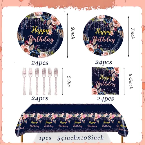 Miniatura 4 de Juego de 97 platos y servilletas de cumpleaños, color azul marino, oro rosa, para mujeres y niñas, platos de papel floral, vajilla, mantel