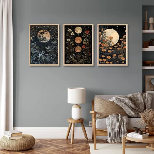 Miniatura 2 de 3 piezas enmarcadas de plantas de fase lunar en lienzo, arte de pared retro con diseño de flores de luna, impresión de póster con imagen celestial