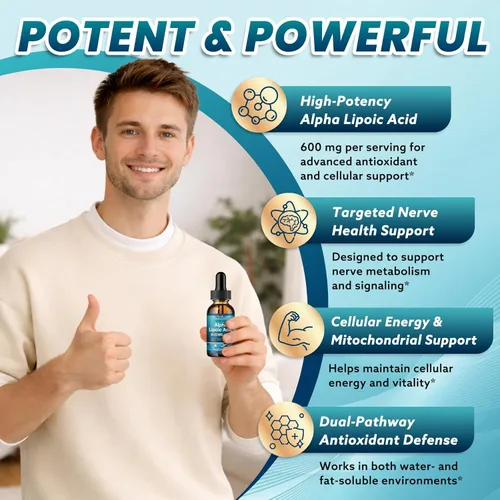 Miniatura 4 de Gotas líquidas de ácido alfa lipoico liposomal, 600 mg, suplementos de neuropatía líquida para nervios, energía y apoyo metabólico con benfotiamina