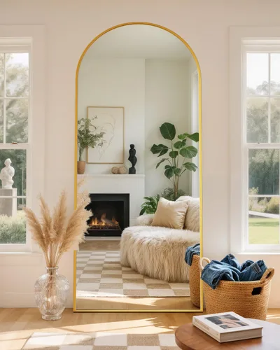 Miniatura 15 de Espejo de cuerpo entero con soporte, espejo arqueado de 58 x 18 pulgadas, espejo grande con marco de aluminio para colocar de pie, colgar o apoyar