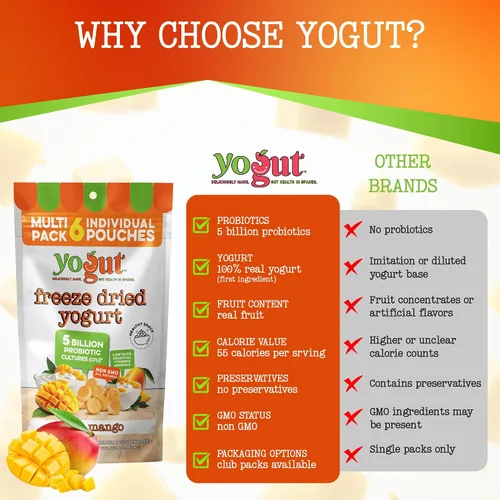 Miniatura 8 de YoGut Bocadillo de yogur liofilizado, mango, paquete de 6, aperitivos saludables para niños, niños pequeños y adultos, sin gluten, sin OMG, con 5