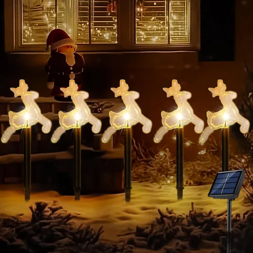Juego de 5 luces solares de Navidad para caminos al aire libre, juego de 5 estacas solares impermeables para decoración de Navidad, luces LED de