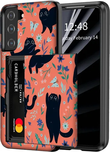 Funda con diseño de flores de gato negro para Samsung Galaxy S22 (6.1 pulgadas), funda tipo cartera para Galaxy S22 con soporte oculto para