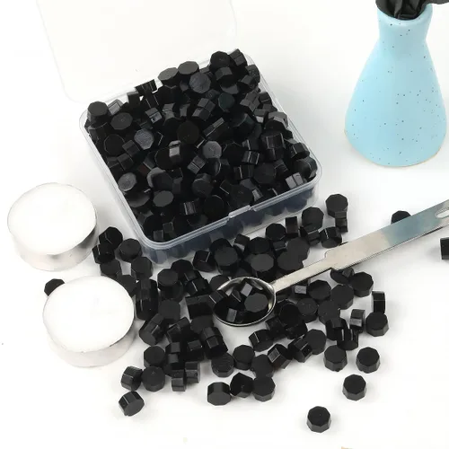 Miniatura 3 de Juego de 300 cuentas de cera de sellado negro para sello de cera con velas y cuchara de fusión, perfecto para tarjetas de Navidad, sobres