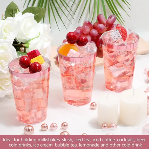 Miniatura 4 de Patelai - 100 vasos de plástico rosa de 12 onzas desechables transparentes con borde rosa, vasos de cóctel de vino para boda, cumpleaños, despedida