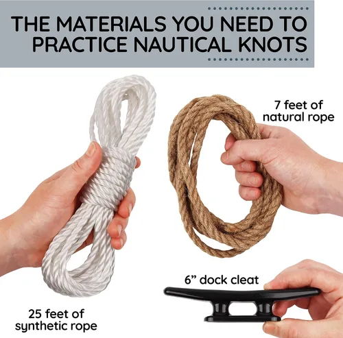 Miniatura 3 de Kit de atado de nudos náuticos de lujo, tacos de barco de 6 pulgadas, cuerdas de yute y poliéster, y guía náutica impermeable para 21 nudos de vela