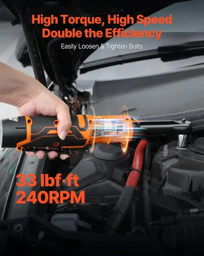Miniatura 2 de VEVOR Llave de trinquete inalámbrica, accionamiento de 3/8 pulg., 240 RPM, hasta 33 pies/libra de torque, juego de llave de trinquete eléctrica