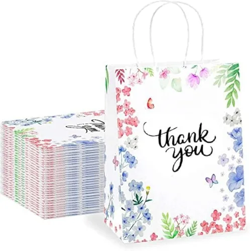 Purple Q Crafts Paquete de 50 bolsas de regalo de agradecimiento de 8 x 4 x 10 pulgadas, pequeñas bolsas de papel con asas, diseño floral, bolsas de