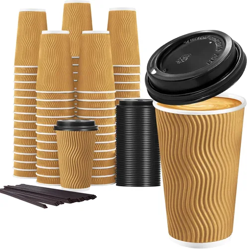 Miniatura 12 de Lamosi Tazas de café desechables de 8 onzas con tapas, paquete de 50 tazas de papel con aislamiento para llevar, con tapas y popotes, taza de pared