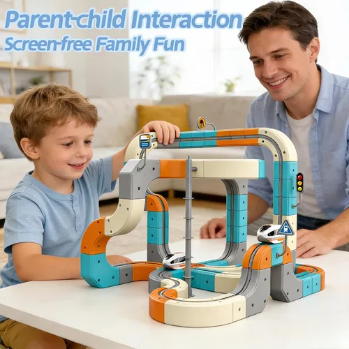 Miniatura 7 de Juego de tren eléctrico 3D para niños, pista de carreras de gravedad mágica con aprendizaje STEM, cubos y bloques flexibles, juguete para niños