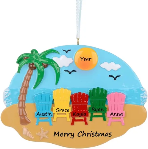 Adorno de Navidad familiar 2024 – Adorno personalizado para vacaciones de playa para familia de 5 – Adorno de vacaciones de sillas en la playa –