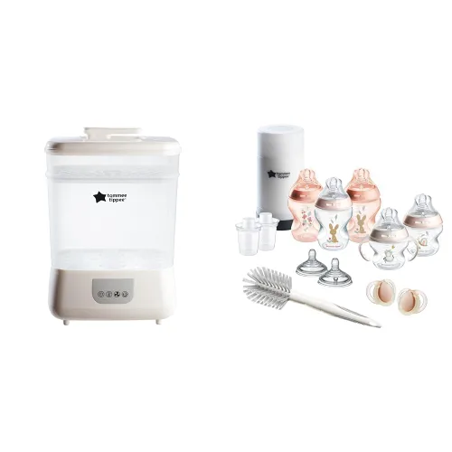 Tommee Tippee Esterilizador y secador eléctrico de vapor para biberones y Natural Start - Set de 14 piezas de biberones, calentador de botellas de