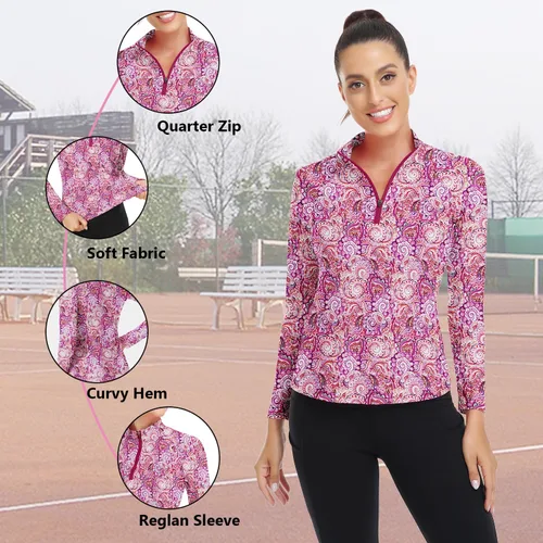 Miniatura 166 de WOWENY Camiseta deportiva de manga larga para mujer, con cremallera de un cuarto, cuello para entrenamiento, camiseta de tenis con estampado