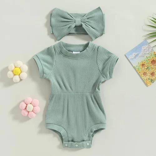 Miniatura 23 de Traje de verano para niña pequeña, de manga corta, acanalado, overol liso, pantalones cortos, ropa para recién nacidos