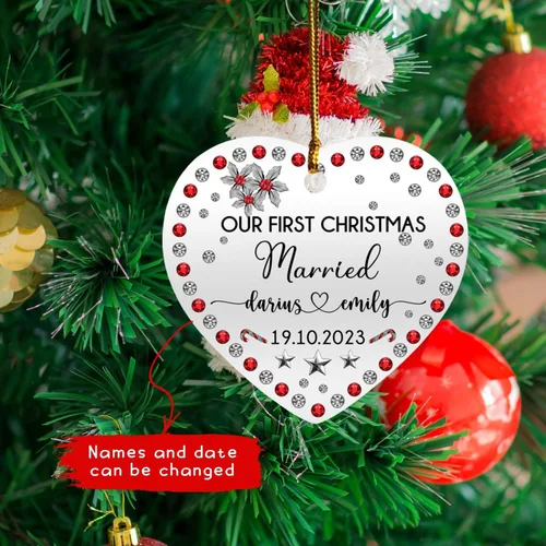 Miniatura 5 de Adornos personalizados de corazón para la primera Navidad, regalos para pareja de recién casados 2025, adorno de nuestra primera Navidad casado