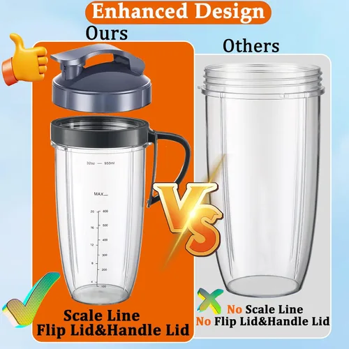 Miniatura 2 de NutriBullet - Juego de 8 tazas y cuchillas de repuesto NutriBullet de 32 onzas con 1 tapa abatible para llevar y 1 mango de anillo para licuadora