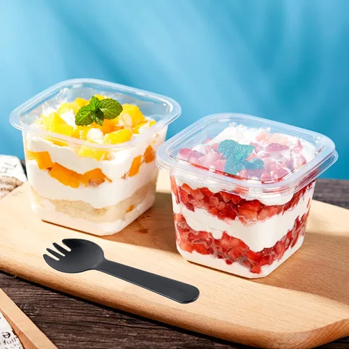 Miniatura 4 de TOFLEN 50 tazas cuadradas de plástico para postres de 12 onzas con tapas y tenedores, vasos de plástico transparente para yogur, parfait para pudín